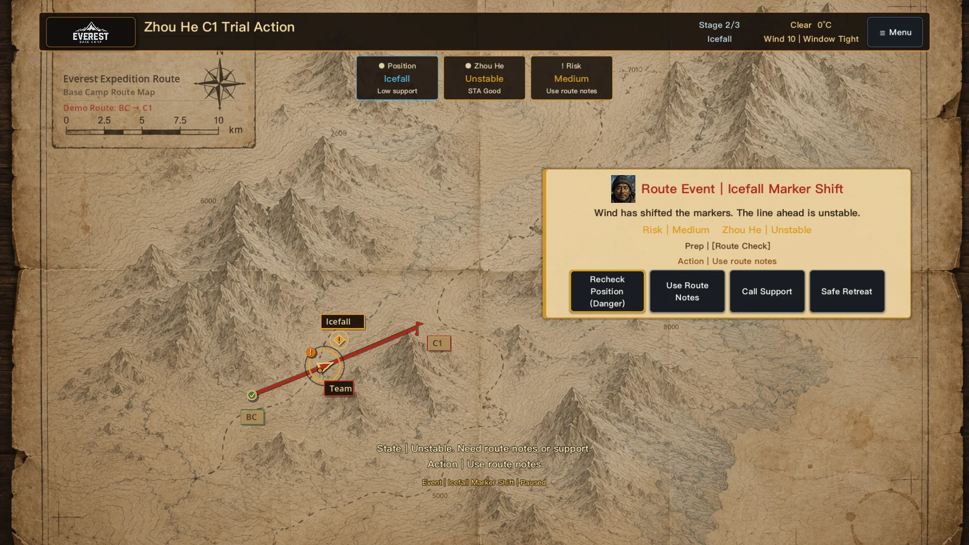 Current icefall route event with multiple response choices