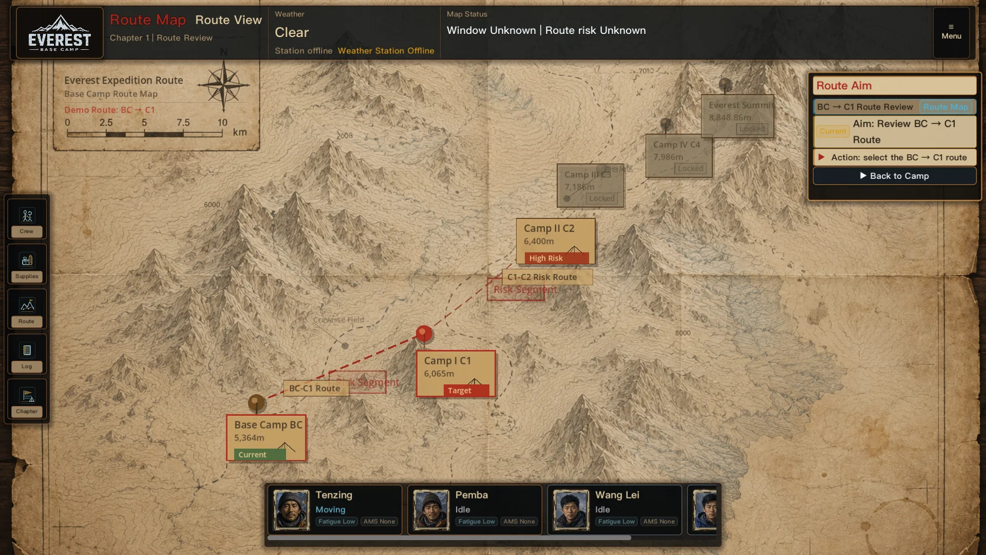 Current route map showing Base Camp to Camp One